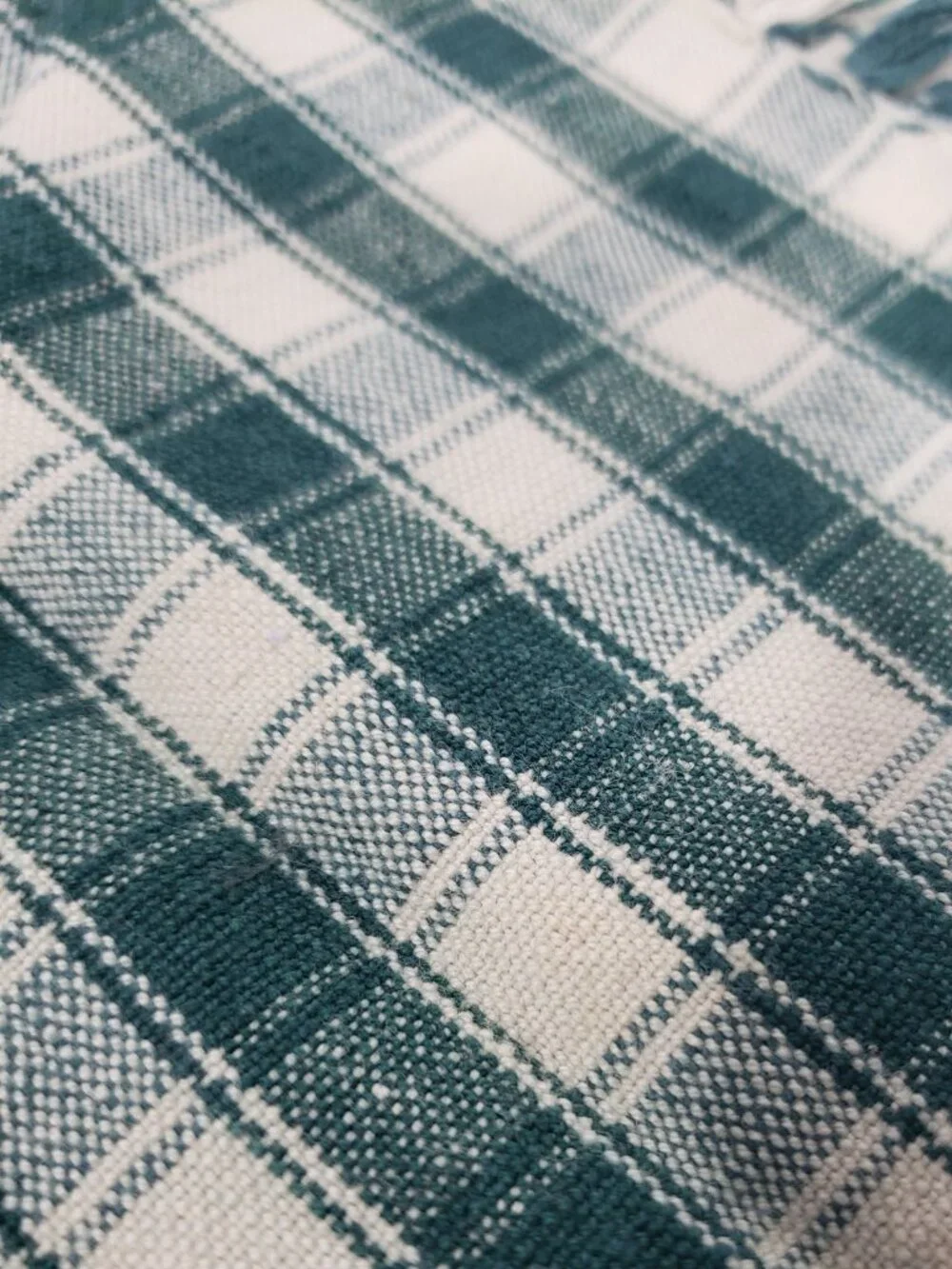Green Check  Pair of woven cotton napkins 17 X 18 with fringe  primitive cottage